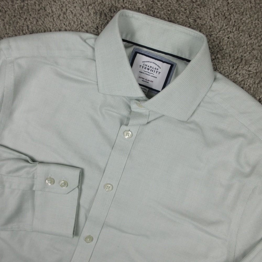 Charles Tyrwhitt Shirt Mens M 15.5 35 Green Extra Slim Non Iron Dress Button Up